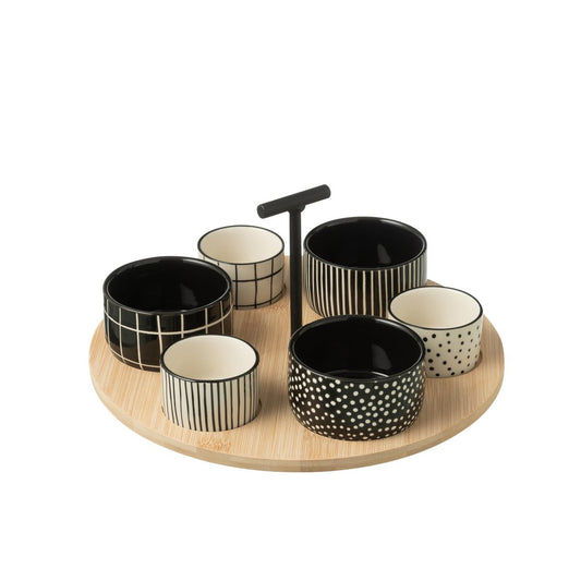 J-Line Tapasservies 6 Sets + Bamboeschaal Zwart/Wit