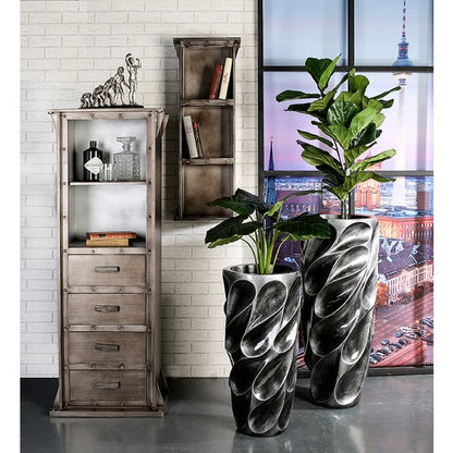 Bloempot "Drop", antiek zilver. 70cm hoog
