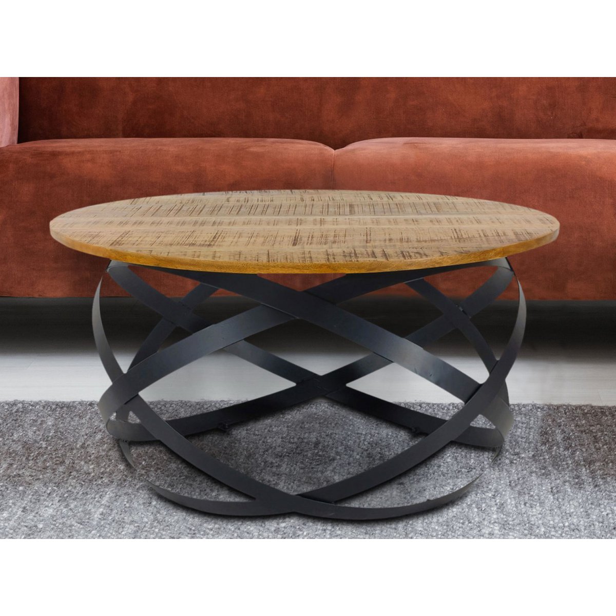 Salontafel rond Orbit massief hout met metalen frame