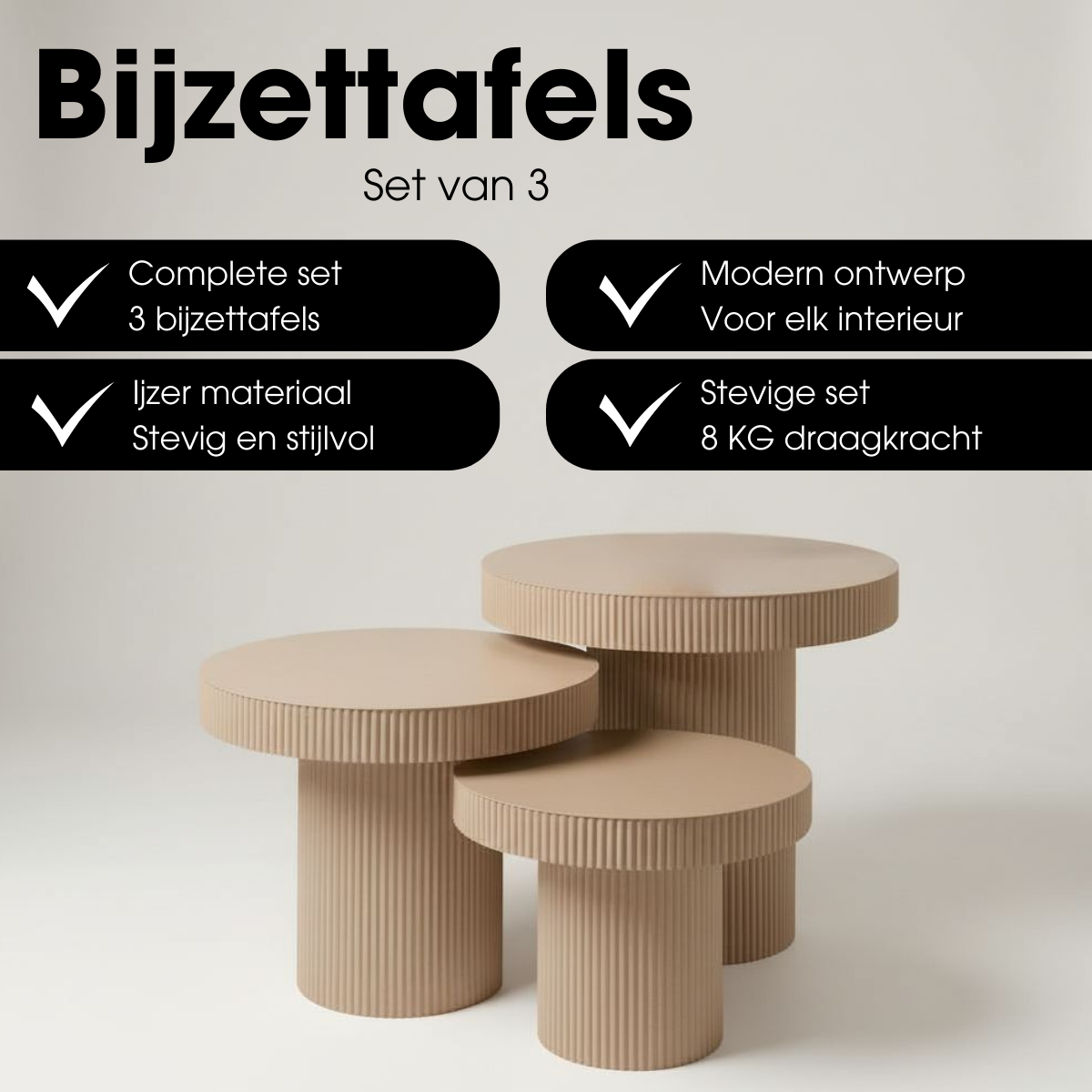 Set van 3 bijzettafels Lux Lichtbruin metaal