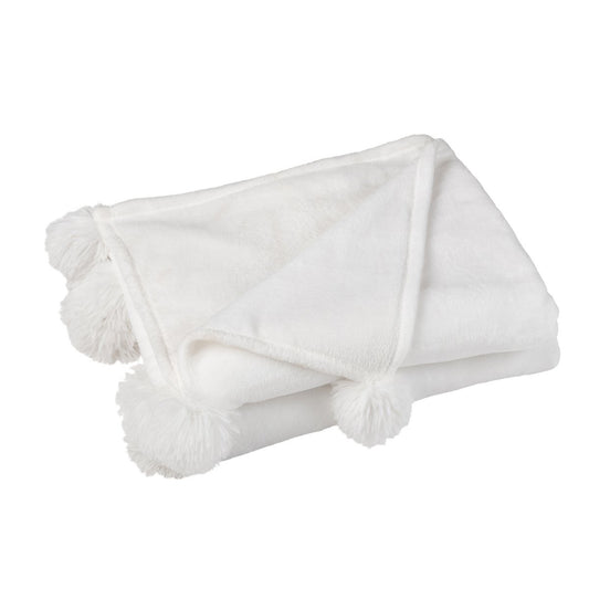J-Line Plaid Pompon - polyester - wit - 170 x 130 cm
