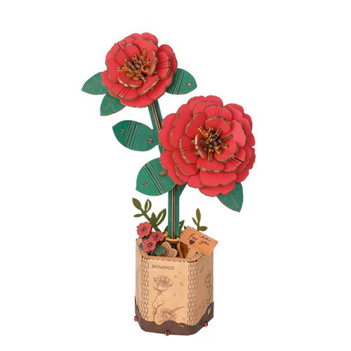 Houten Bloem Rode Camelia 11,5x6,5x20,5cm