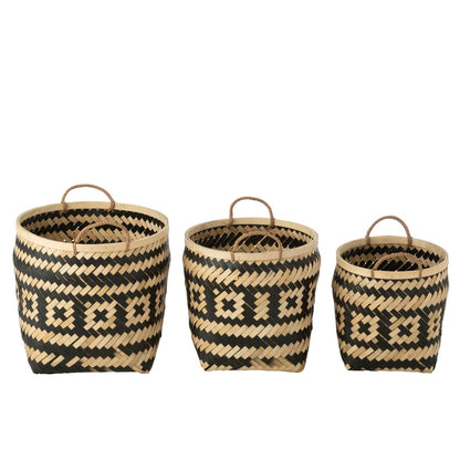 J-Line mand Patronen Handvaten - bamboe - naturel/zwart - 3 stuks