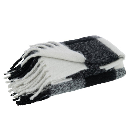 J-Line Plaid tegels - polyester - zwart/wit - 152 x 127 cm