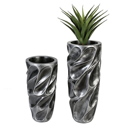 Bloempot "Drop", antiek zilver. 90cm hoog