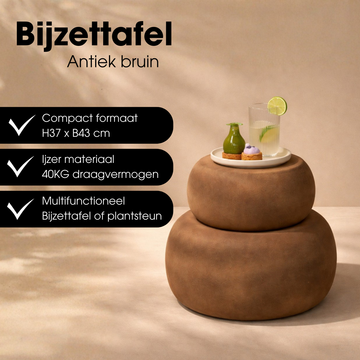 Bijzettafel Zea Bruin H37cm