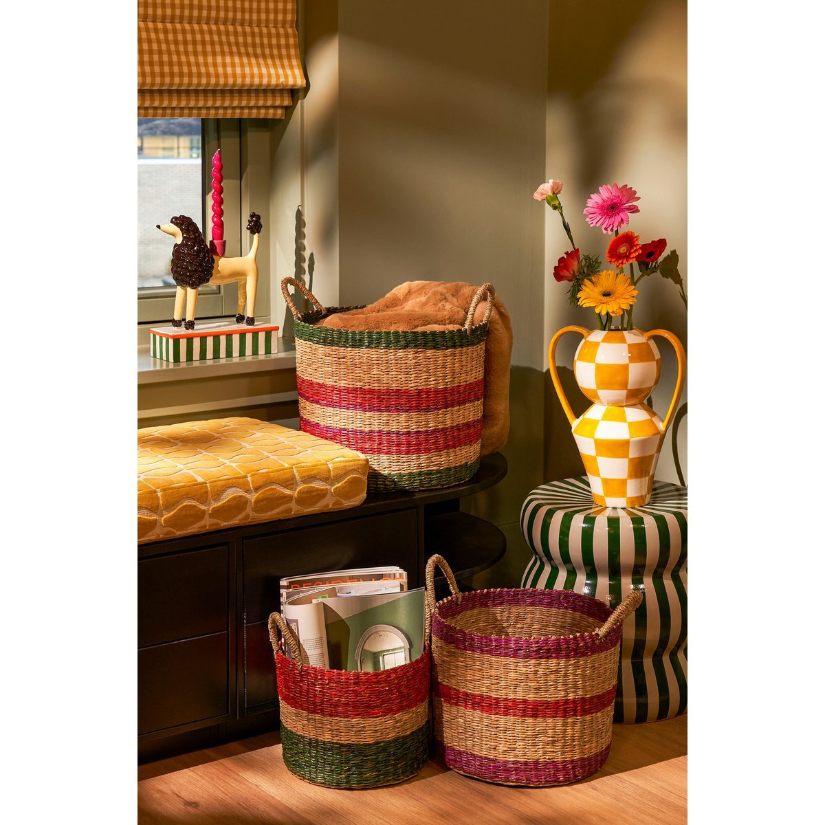 Mand - Set van 3 - H29 x Ø32 cm - Bruin, Rood, Groen, Roze
