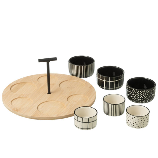 J-Line Tapasservies 6 Sets + Bamboeschaal Zwart/Wit
