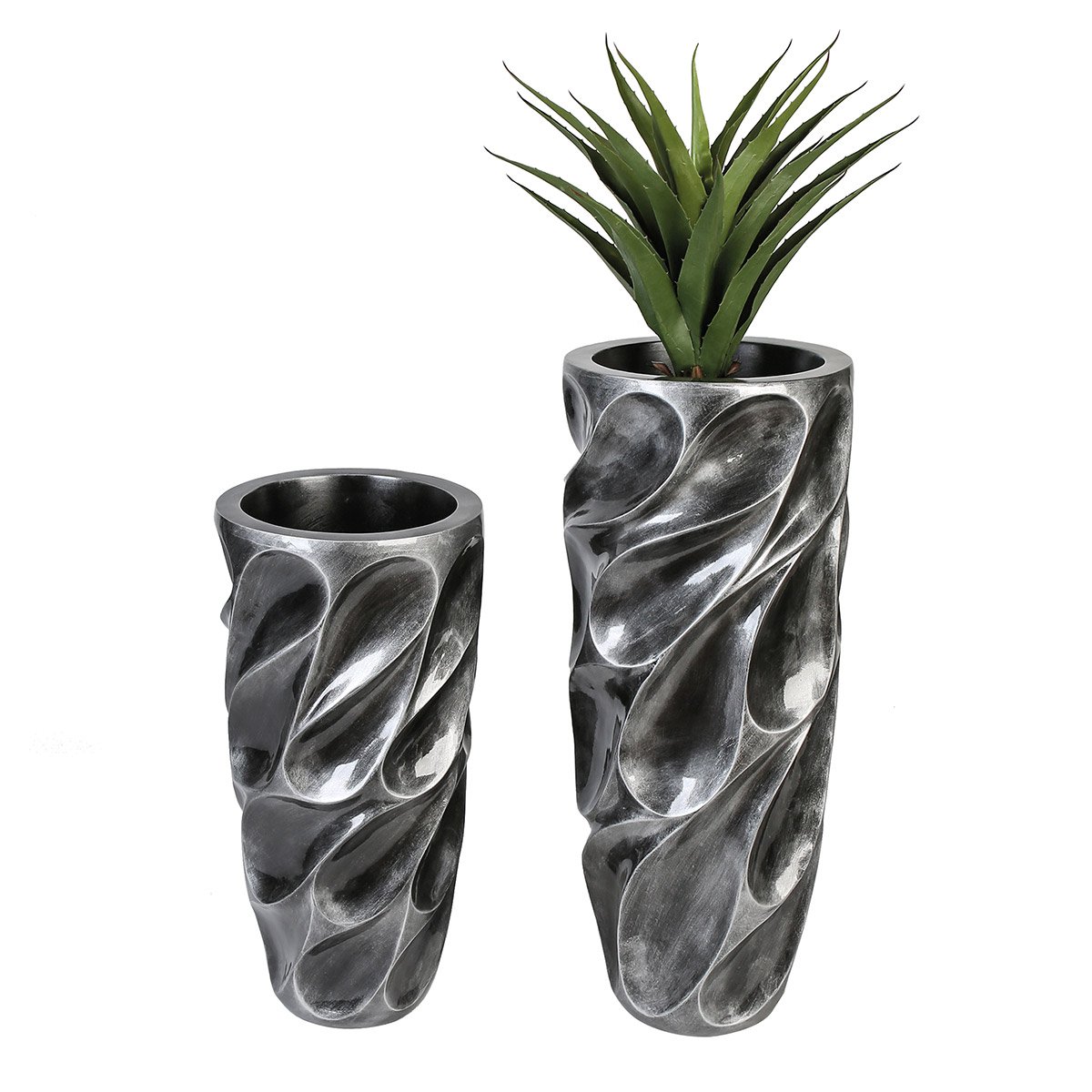Bloempot "Drop", antiek zilver. 90cm hoog
