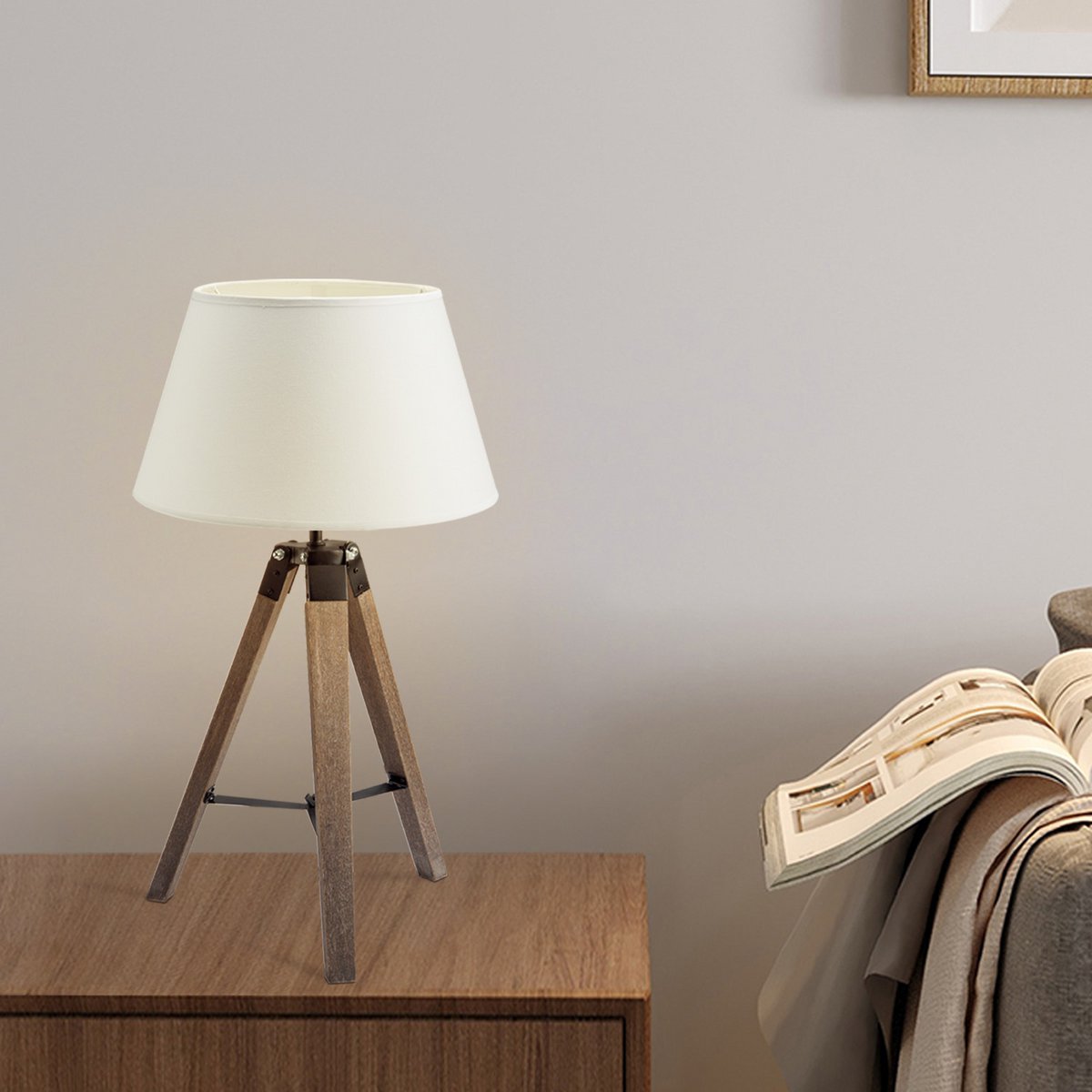 Tafellamp Largo - Natuur Lampvoet en Witte Lampenkap