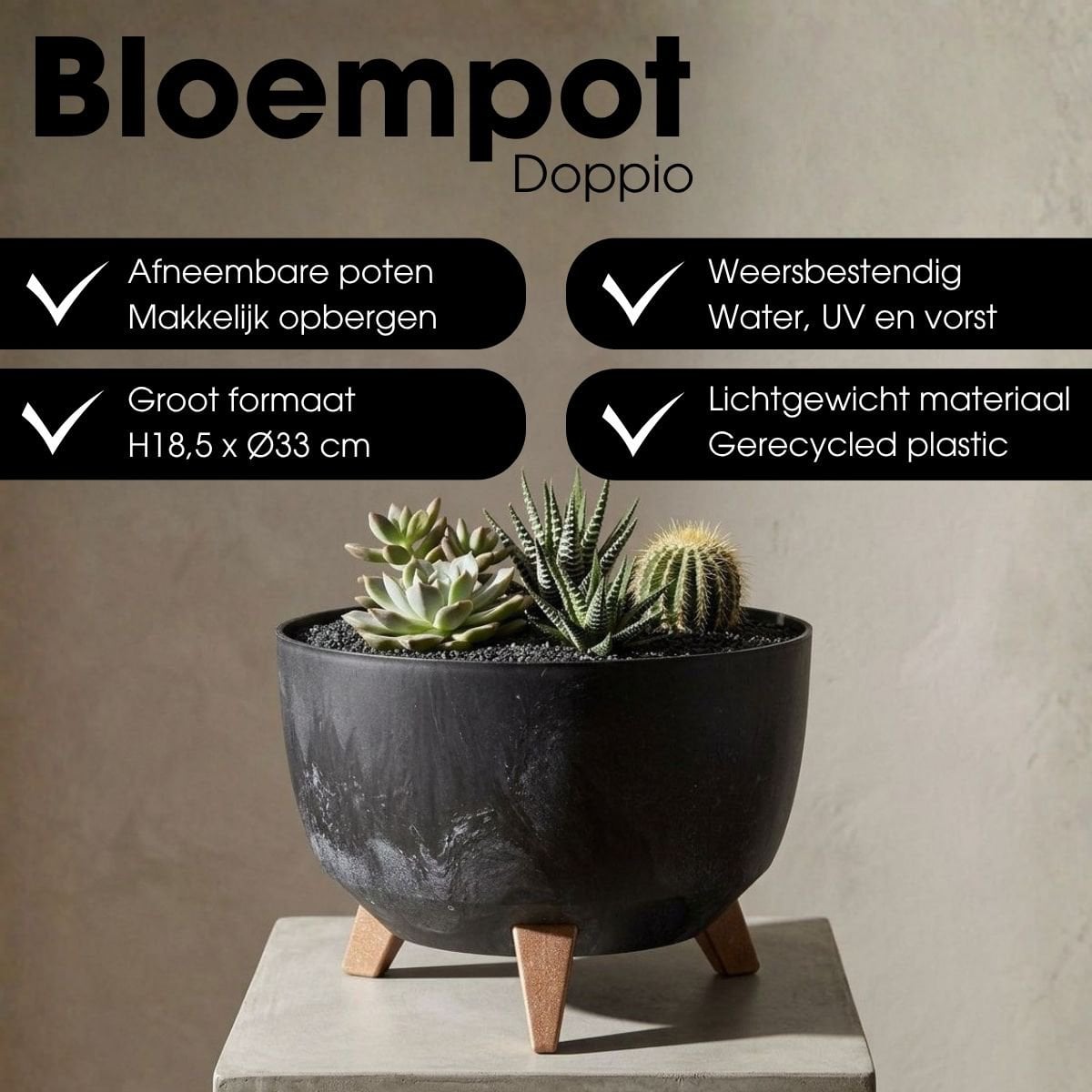 Plantenbak buiten Doppio Zwart Ø 33 cm H18,5