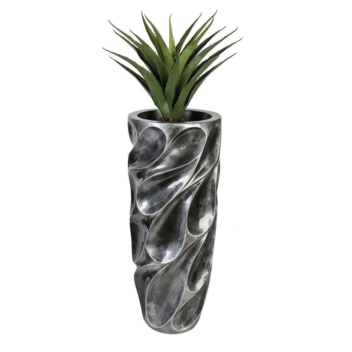 Bloempot "Drop", antiek zilver. 70cm hoog
