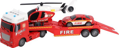 Rapid Wheels Autotransporter Brandweer + Auto en Helikopter + Licht en Geluid