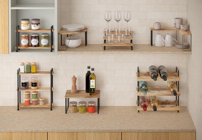 Metaltex York Lava Kruidenrek 2 Etages 8x34x23 cm Acacia Hout/Zwart Metaal
