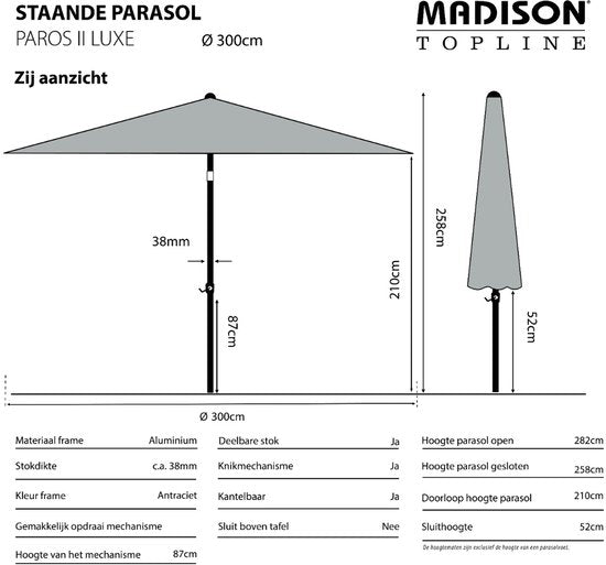 Parasol PAROS 300cm opdraai GRIJS