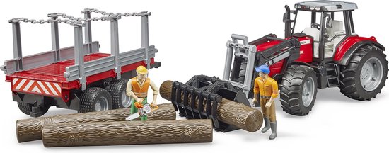 Bruder 02046 Massey Ferguson 7480 Tractor + Voorlader + Houttransportaanhanger + 3 Boomstammen