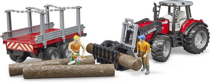 Bruder 02046 Massey Ferguson 7480 Tractor + Voorlader + Houttransportaanhanger + 3 Boomstammen