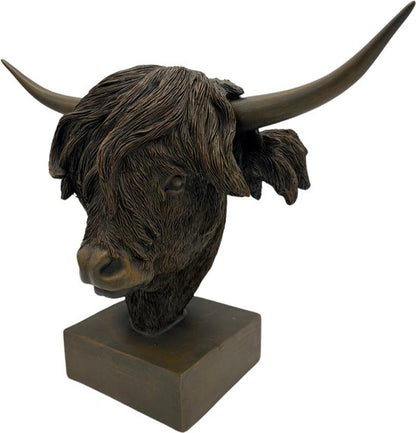 Beeld Schotse Hooglander Hoofd op voet bruin L39cm H33cm