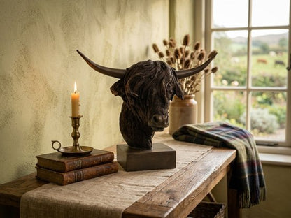 Beeld Schotse Hooglander Hoofd op voet bruin L39cm H33cm