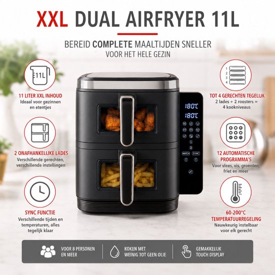 Dubbele Air Fryer XXL 2x 5.5L 230V