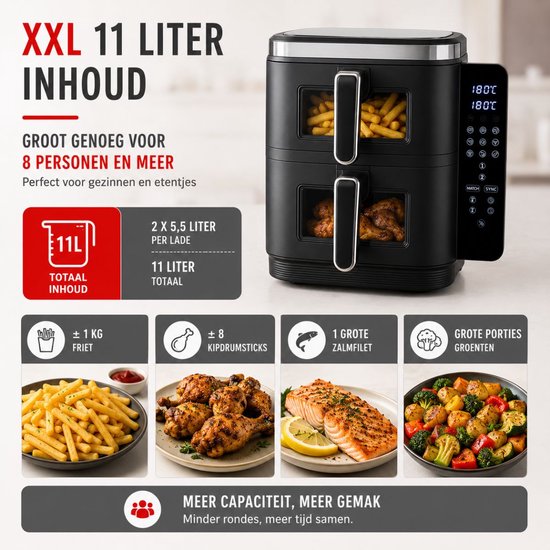 Dubbele Air Fryer XXL 2x 5.5L 230V